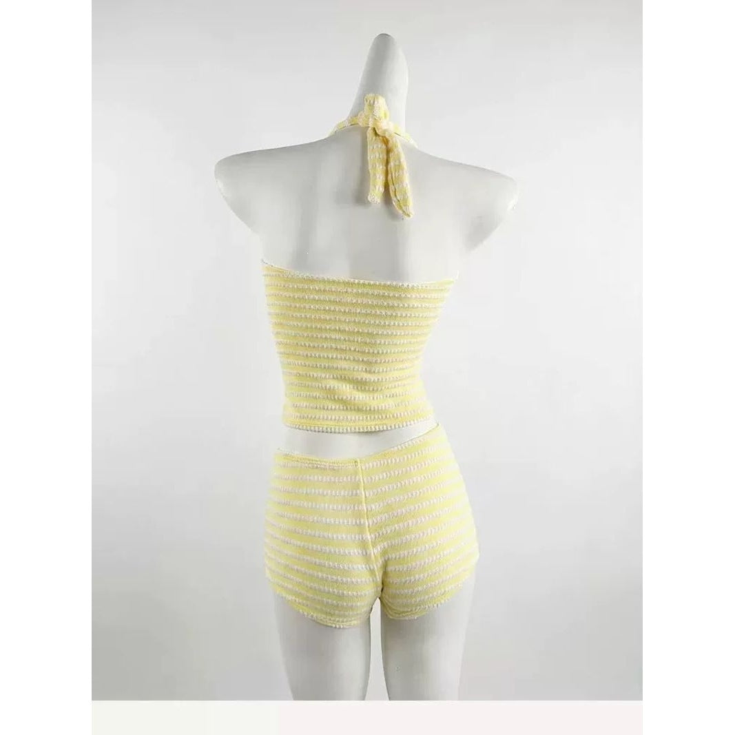 Sweet and Spicy Halter Neck Dopamine Yellow Stripe Bikini Top