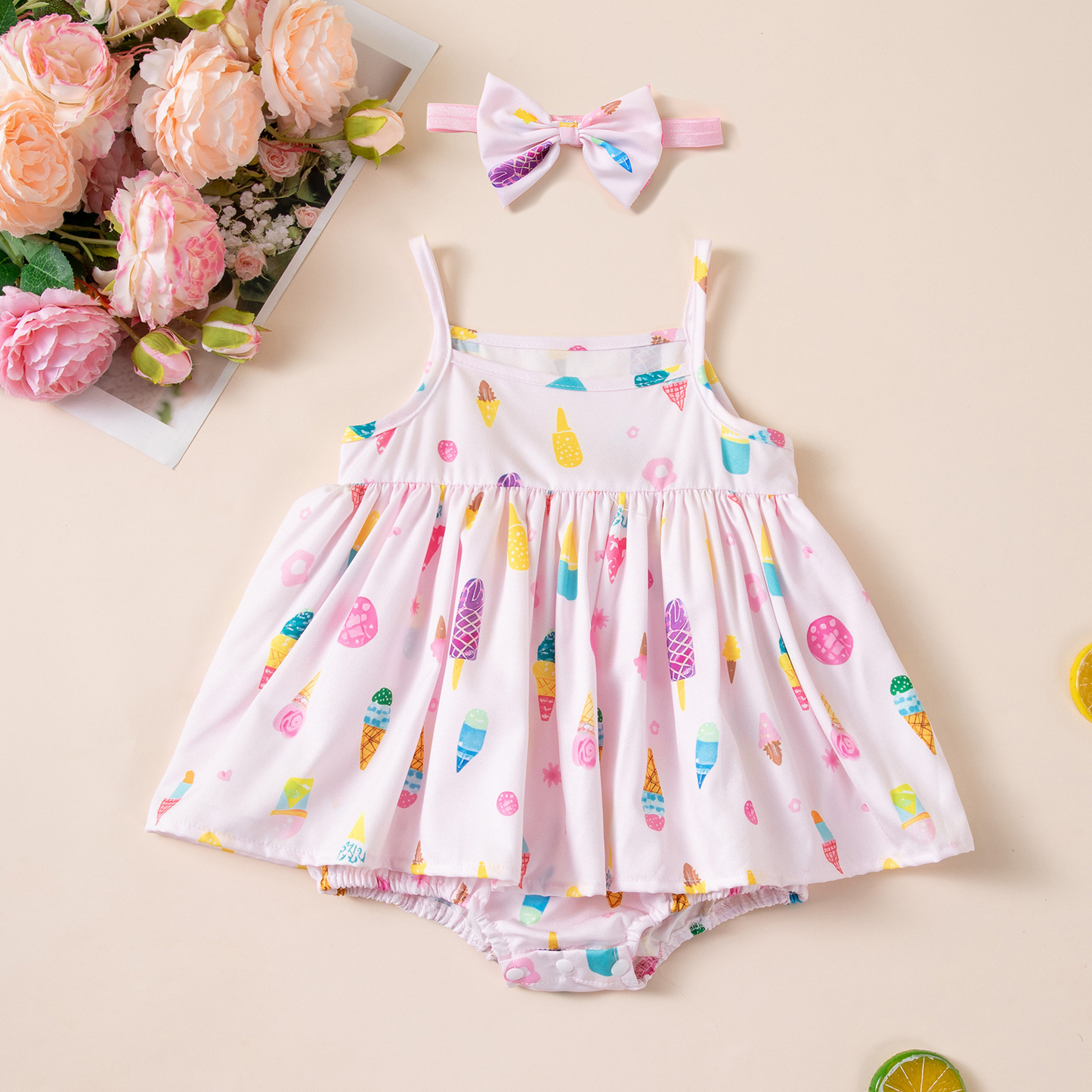 Baby Clothes Summer Lightweight Ice Cream Romper Dress for Girls, Baby Summer Outfit Set, Newborn Outerwear