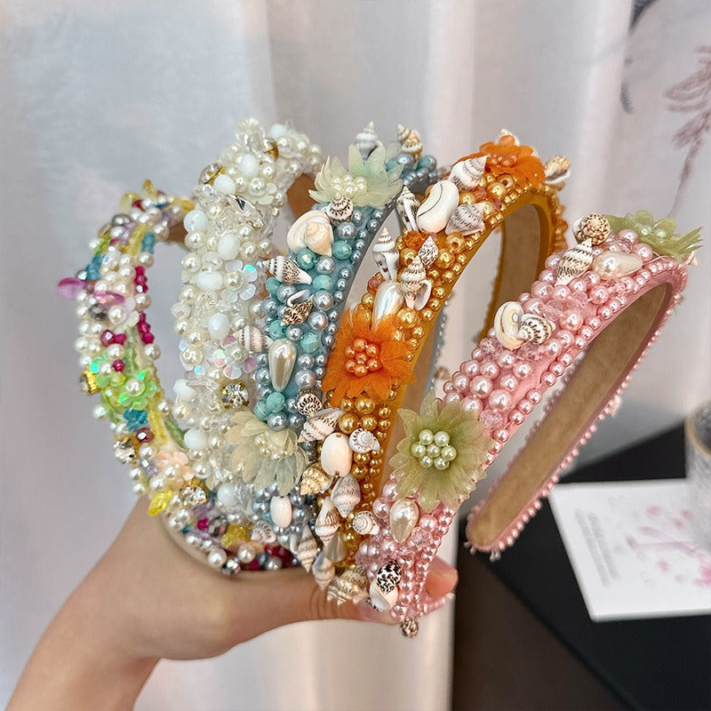 Hand sewn crystal shell headband for pearl hair accessories