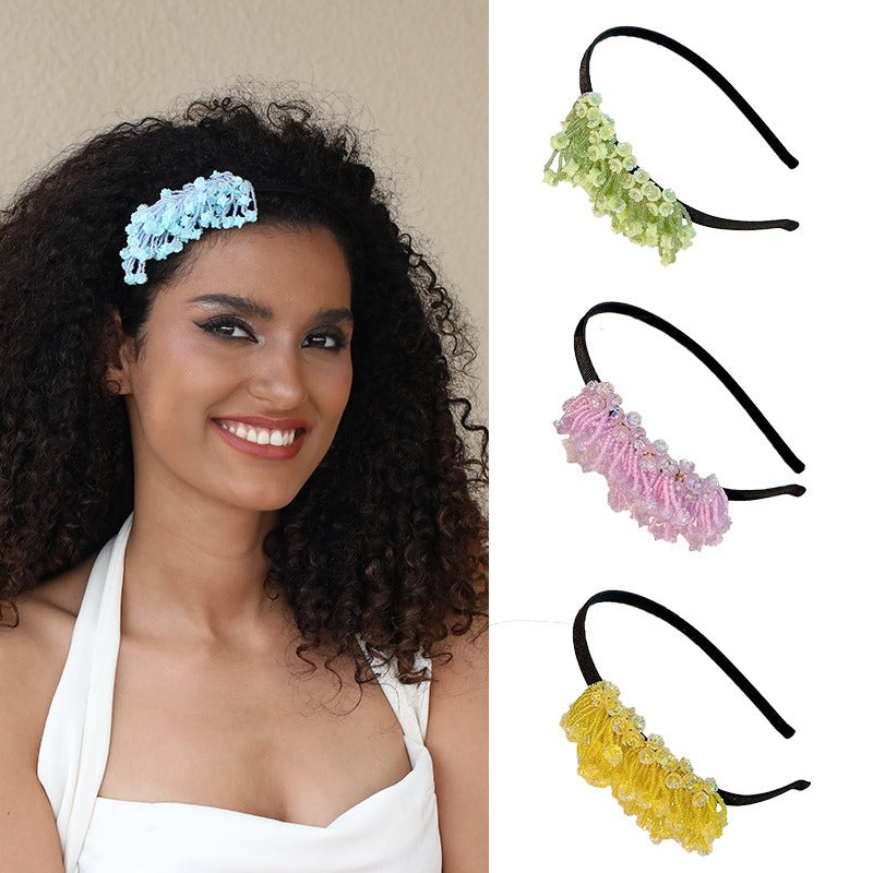 Handmade rice bead tassel flower side hair hoop for women