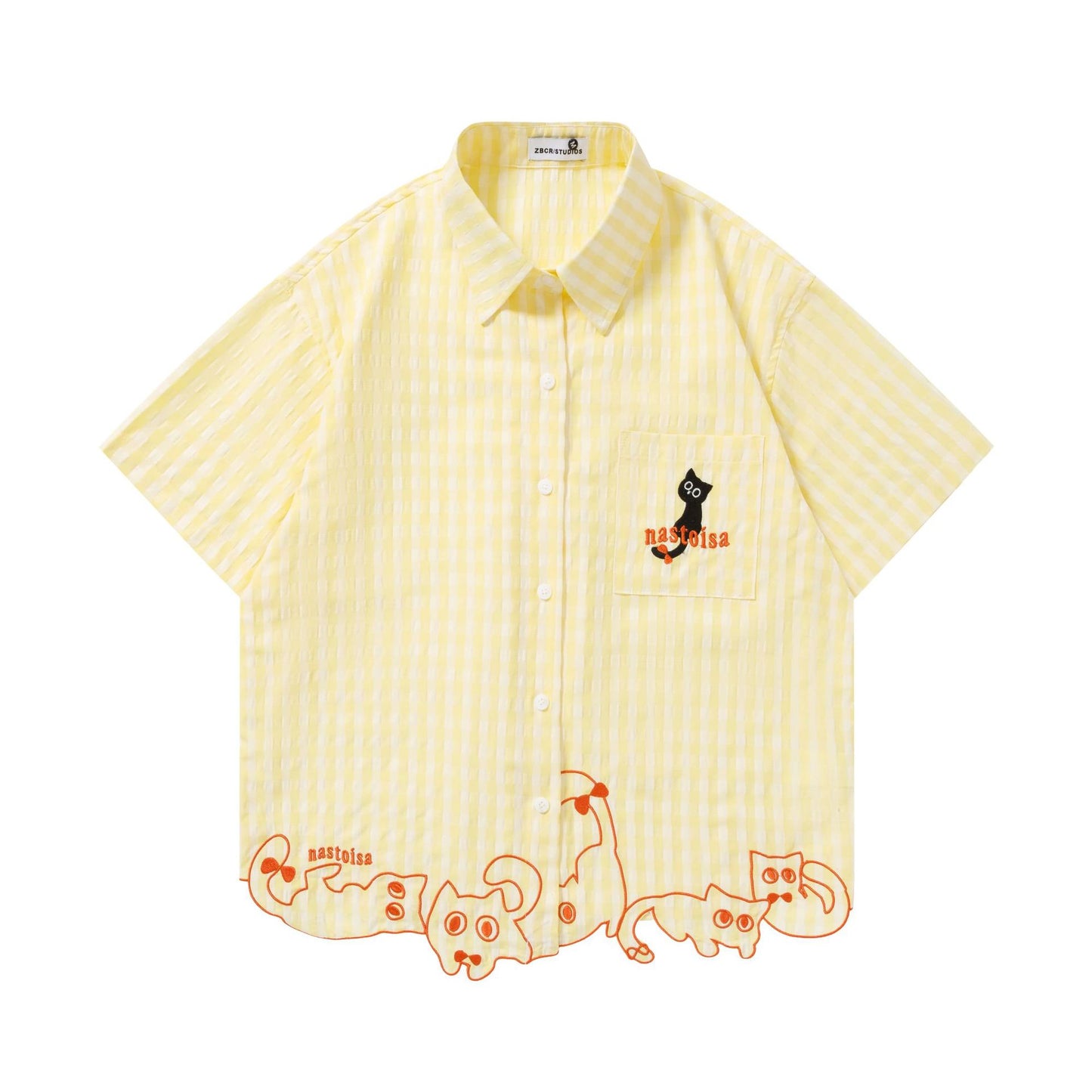 Cartoon cat embroidered short sleeved shirt