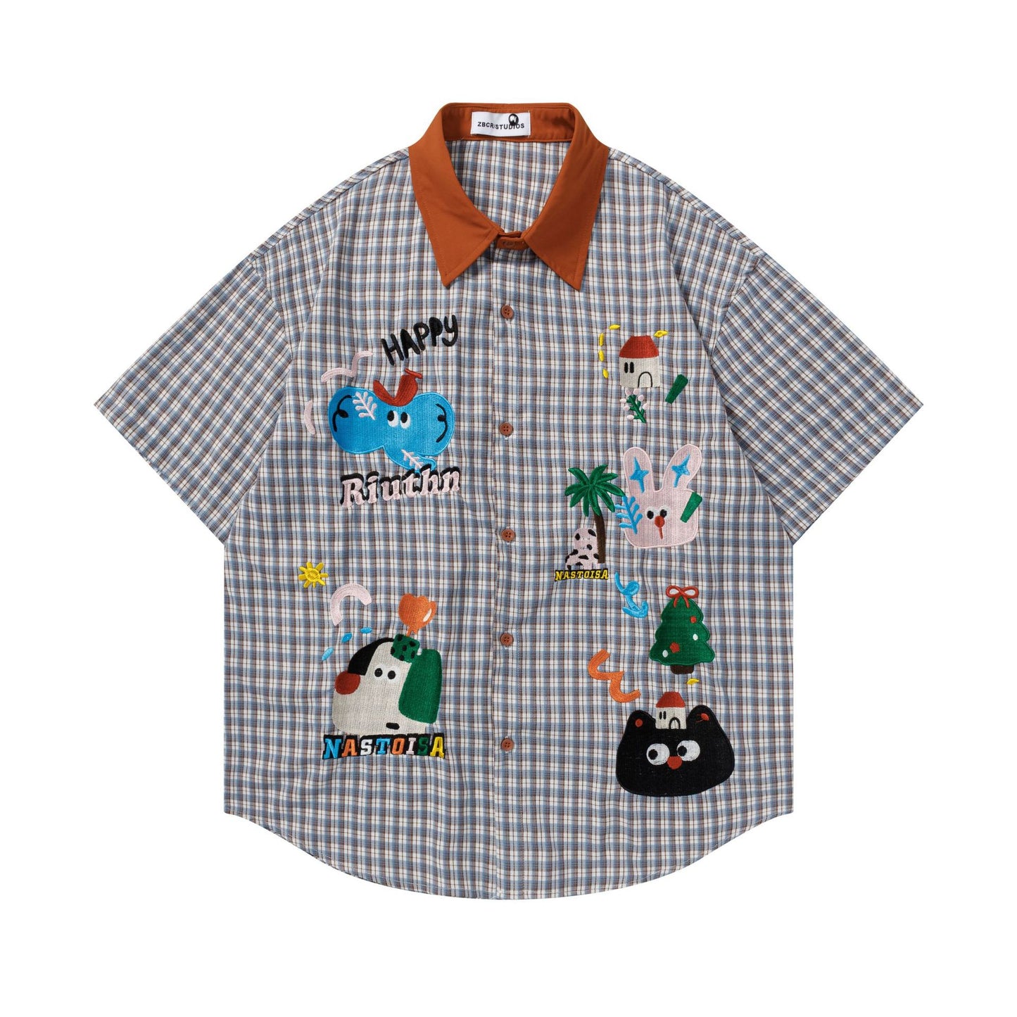 Embroidered checkered short sleeved shirt