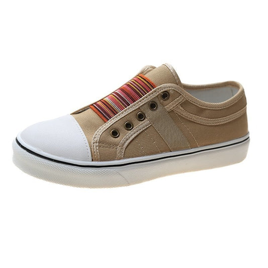 New round toe elastic canvas shoes for women's flat bottomed casual shoes