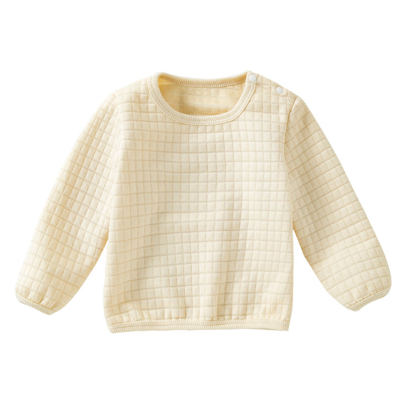 Autumn and Winter New Children's Unisex Round Neck Long Sleeve T-Shirt, High-Quality Knitted Plaid Fabric, Solid Color Minimalist Sweatshirt