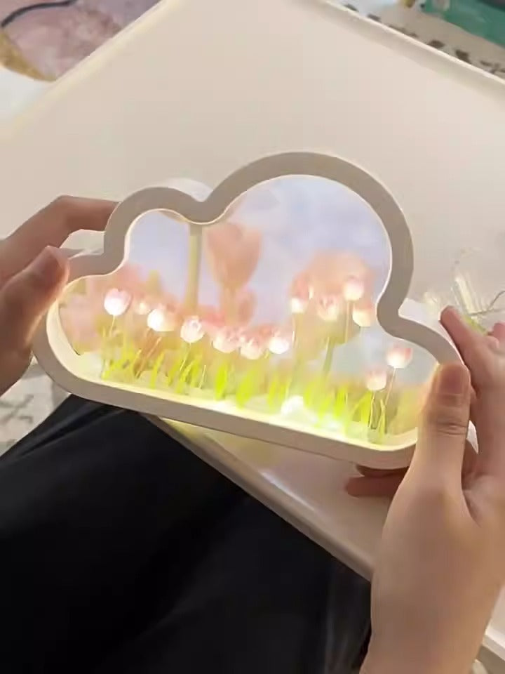 DIY Cloud Tulip LED Night Light Girl Bedroom Ornaments Creative Photo Frame Mirrored Table Lamps Bedside Handmade Birthday Gifts