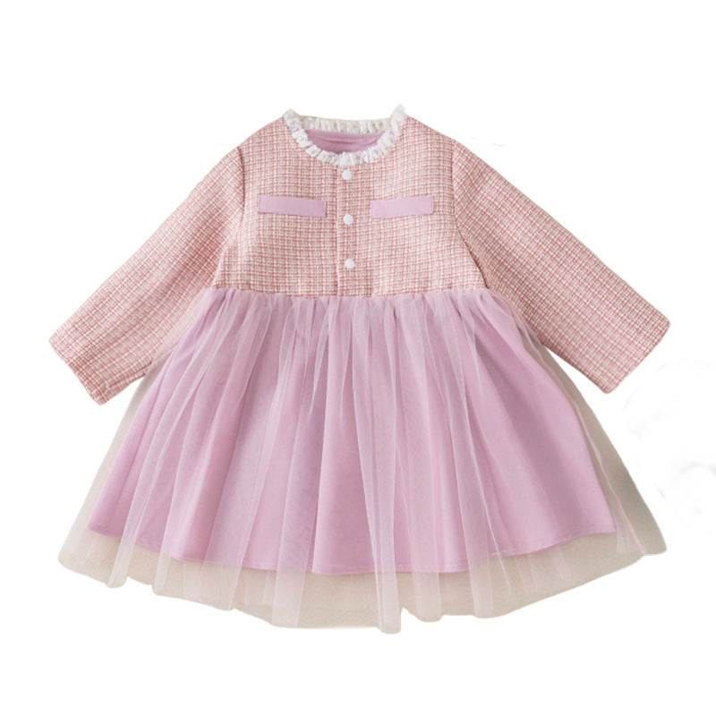 Exclusive Autumn/Winter New Lace Collar Pink Tulle Dress Chic Style Girl's Dress