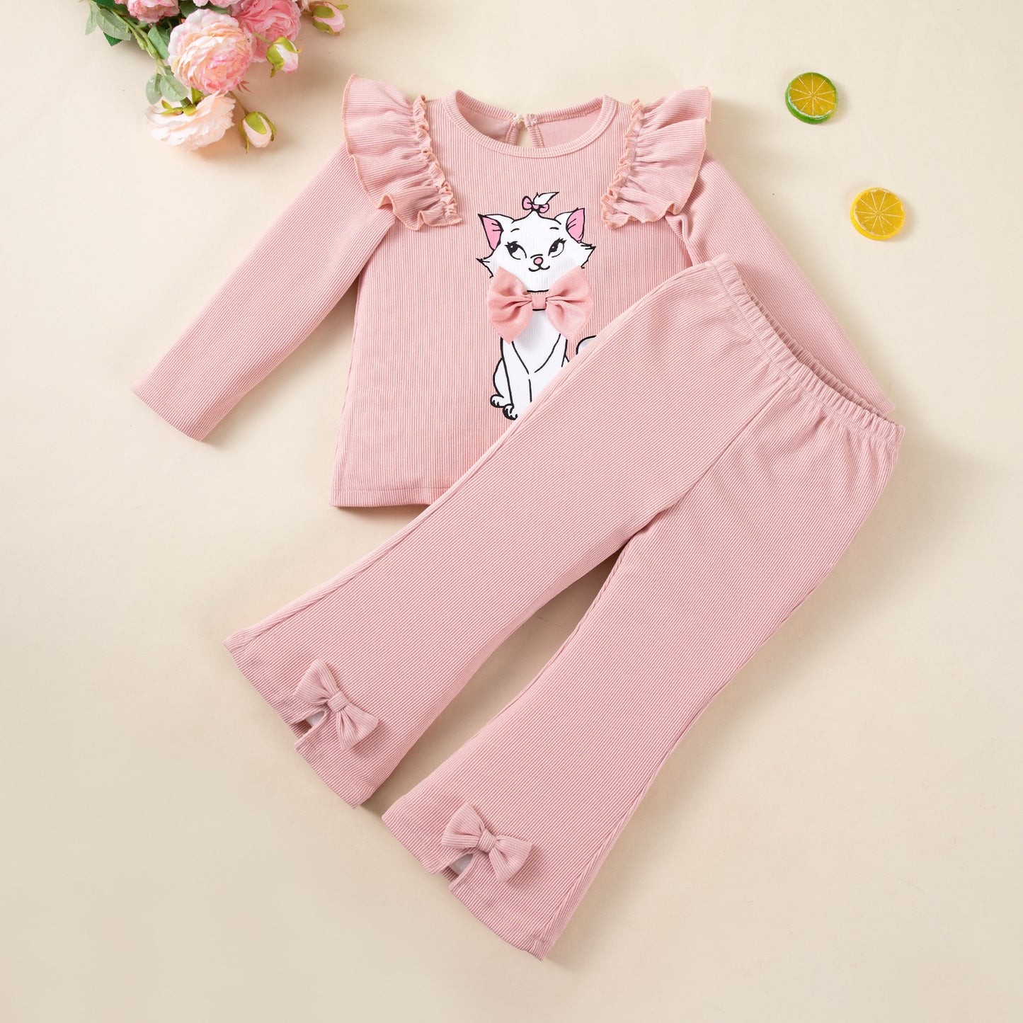 Casual Style Solid Color Elastic Long Sleeve T-Shirt and Flared Pants Two-Piece Set for Girls