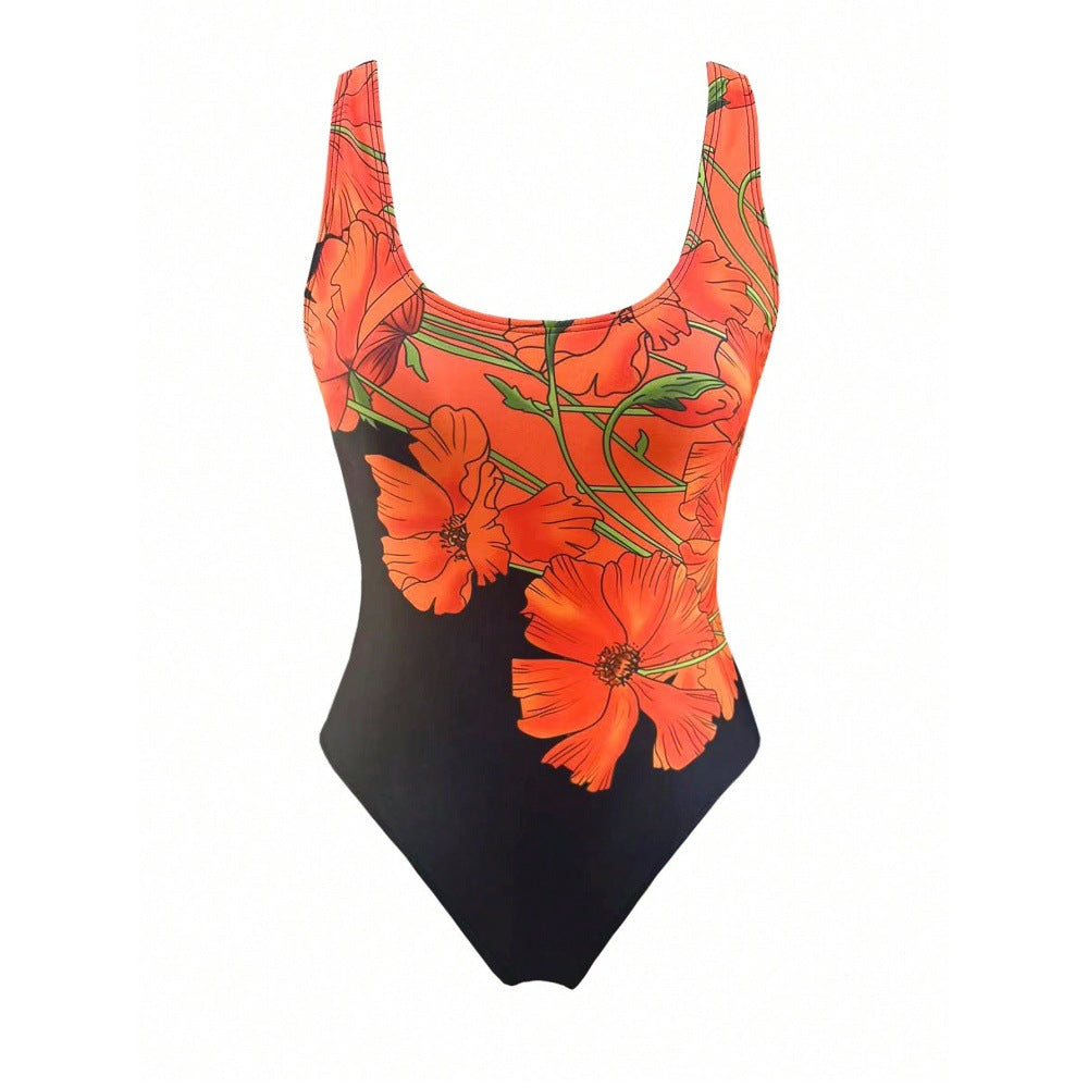 Orange flower print shoulder strap for women one-piece swimsuit for women