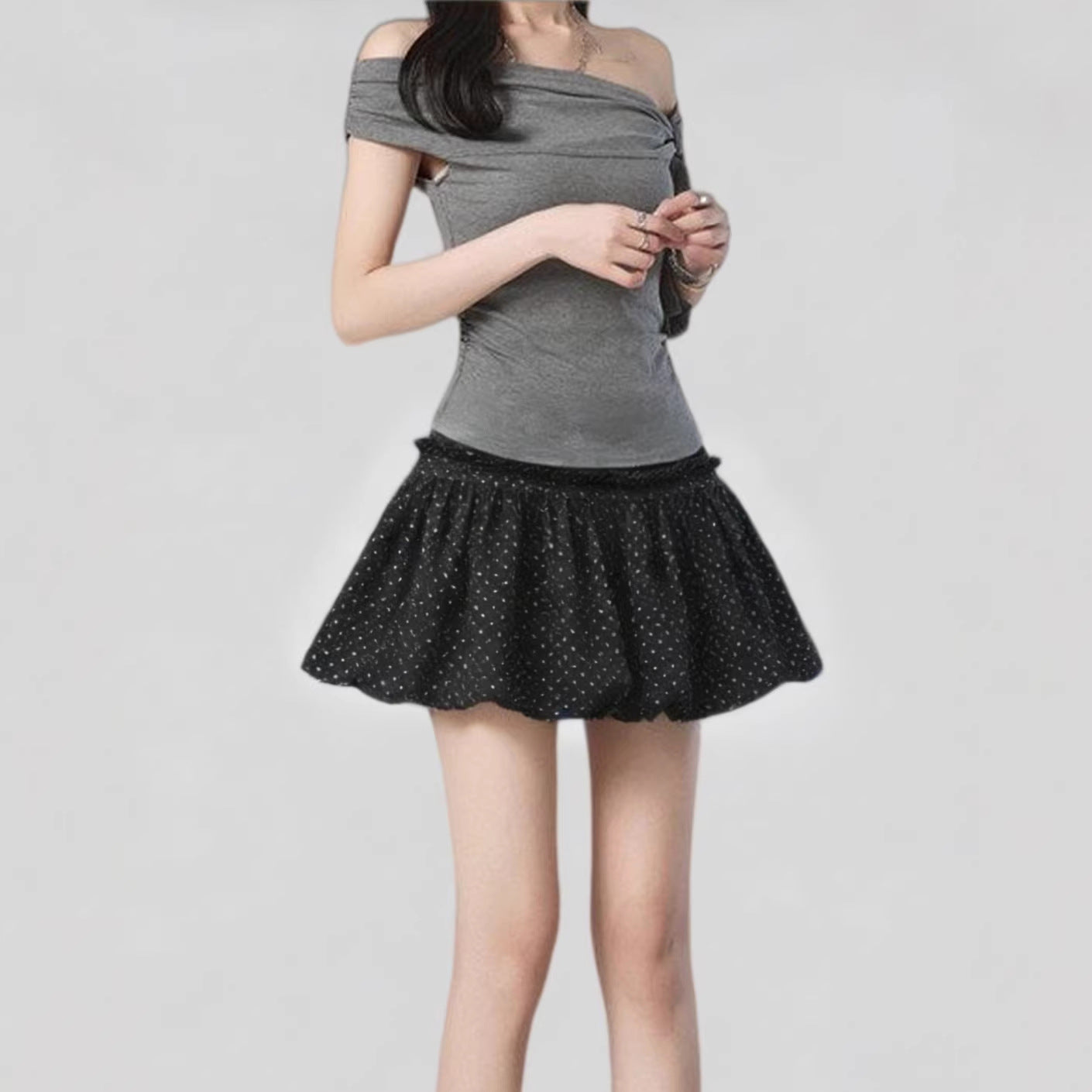 Seasonal Elegant Black Lace Trim Polka Dot Skirt for Women, Petite-Friendly, Side Zipper with Lining