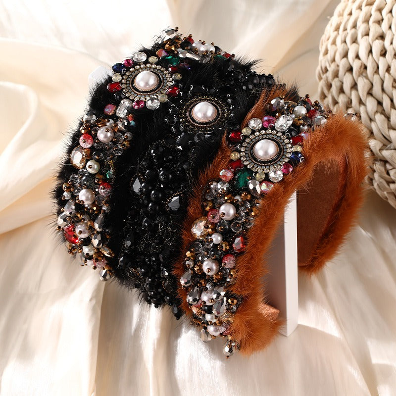 Fashionable mink velvet handmade pearl crystal thickened hair hoop