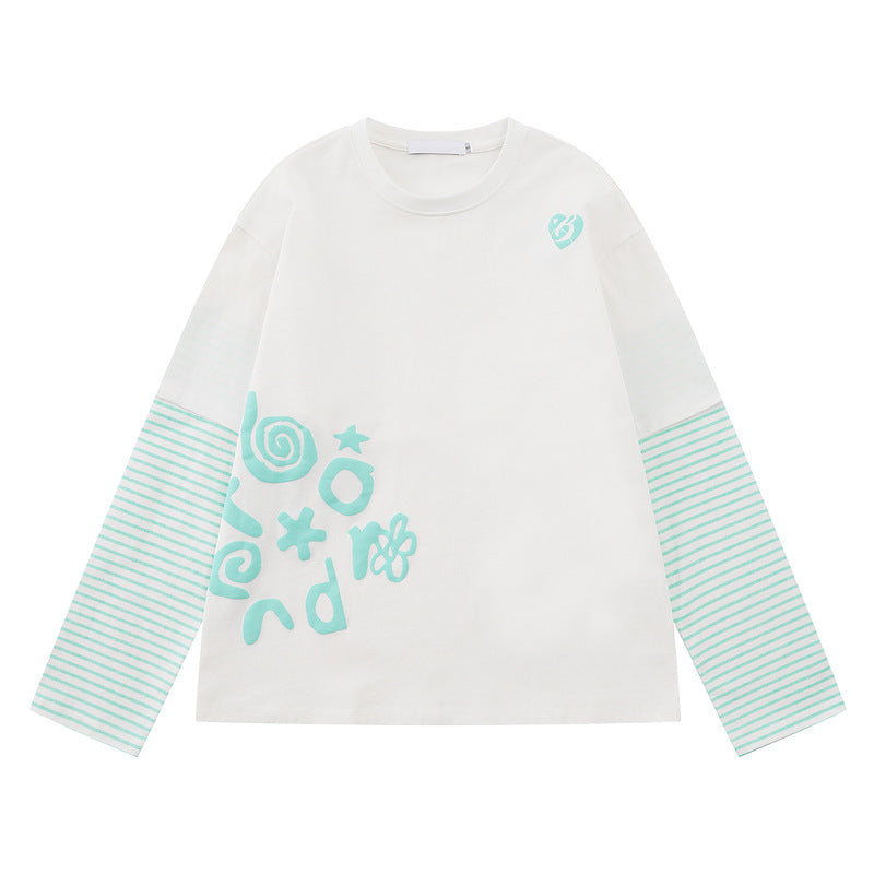 Fake two striped spliced long sleeved T-shirt for women