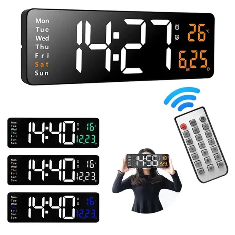 Wall Clock Digital Large LED Wall Mounted Remote Remote Control Date Week Temperature Clock Dual Alarms Gym Big Wall Clock