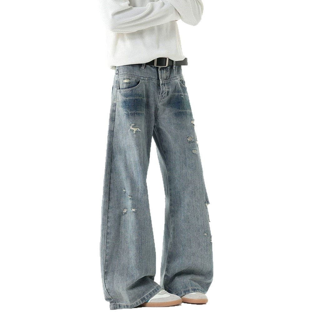 Bamboo Texture Distressed Washed Straight Leg Oversized Tapered Jeans