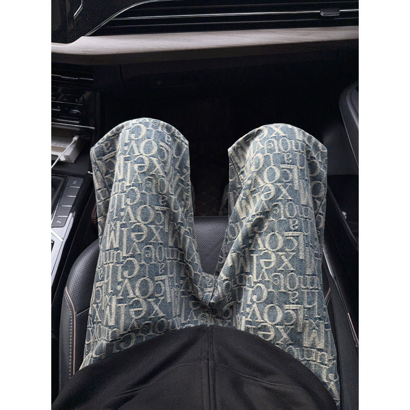 Floral Print Denim Pants Men Unique Design Flared Pants