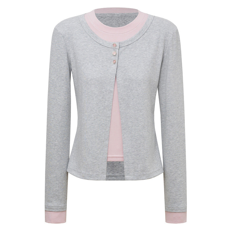 Color blocking fake two-piece long sleeved top