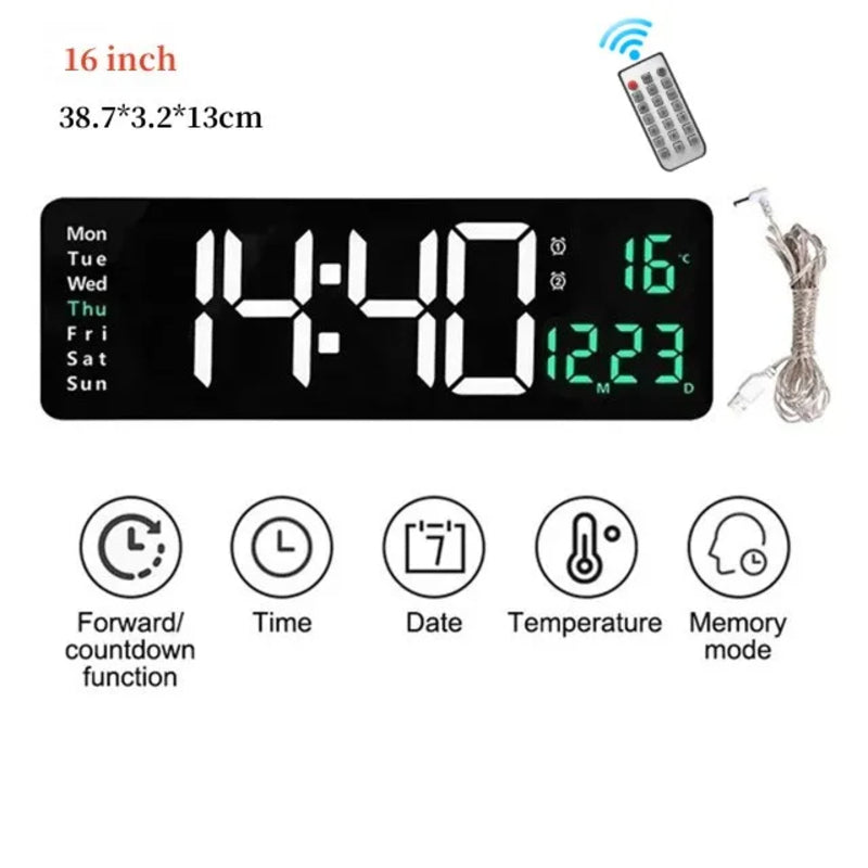 Wall Clock Digital Large LED Wall Mounted Remote Remote Control Date Week Temperature Clock Dual Alarms Gym Big Wall Clock