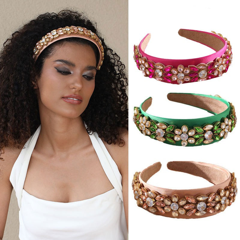Personalized Diamond Flower Women Baroque Fabric Wide Edge Headband