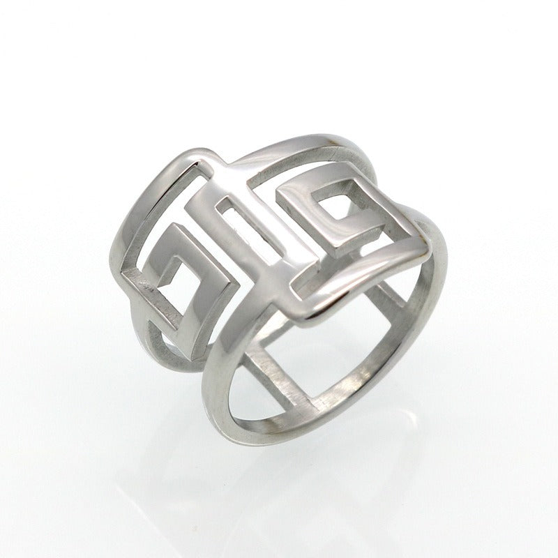 Great Wall pattern double circle double personality hollow trend titanium steel ring ring