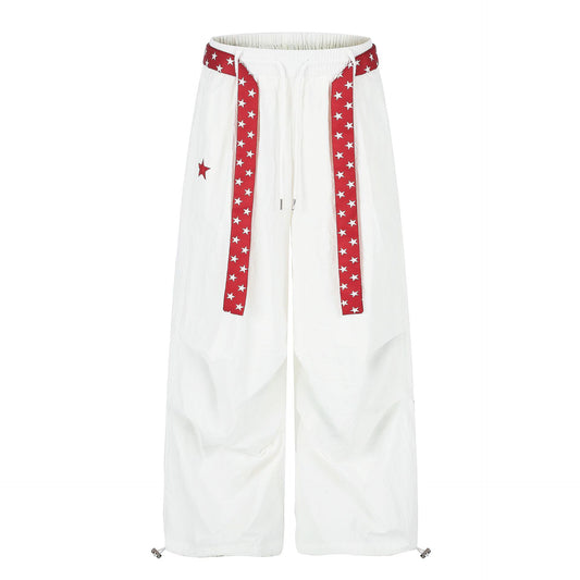 Belted Wide-Leg Pants for Women, Loose-Fit Drawstring Ankle-Cut Sporty Trousers
