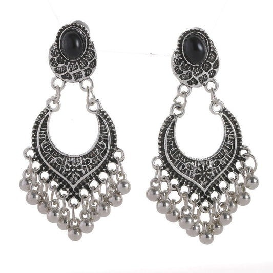 Vintage Black Droplet Earstuds Beads Tassel Rhinestone Earrings