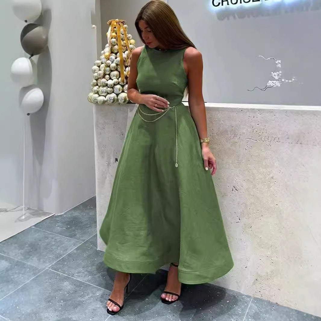 Elegant green women's dress, fashionable round neck sleeveless dress, casual new high waisted A-line mid waist dress for women