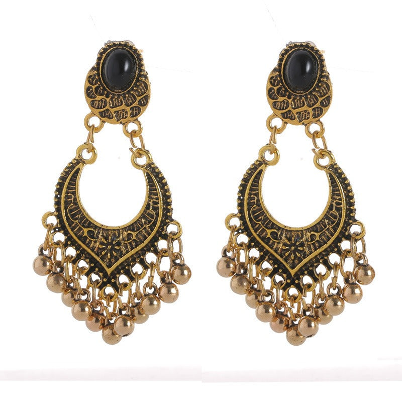 Vintage Black Droplet Earstuds Beads Tassel Rhinestone Earrings
