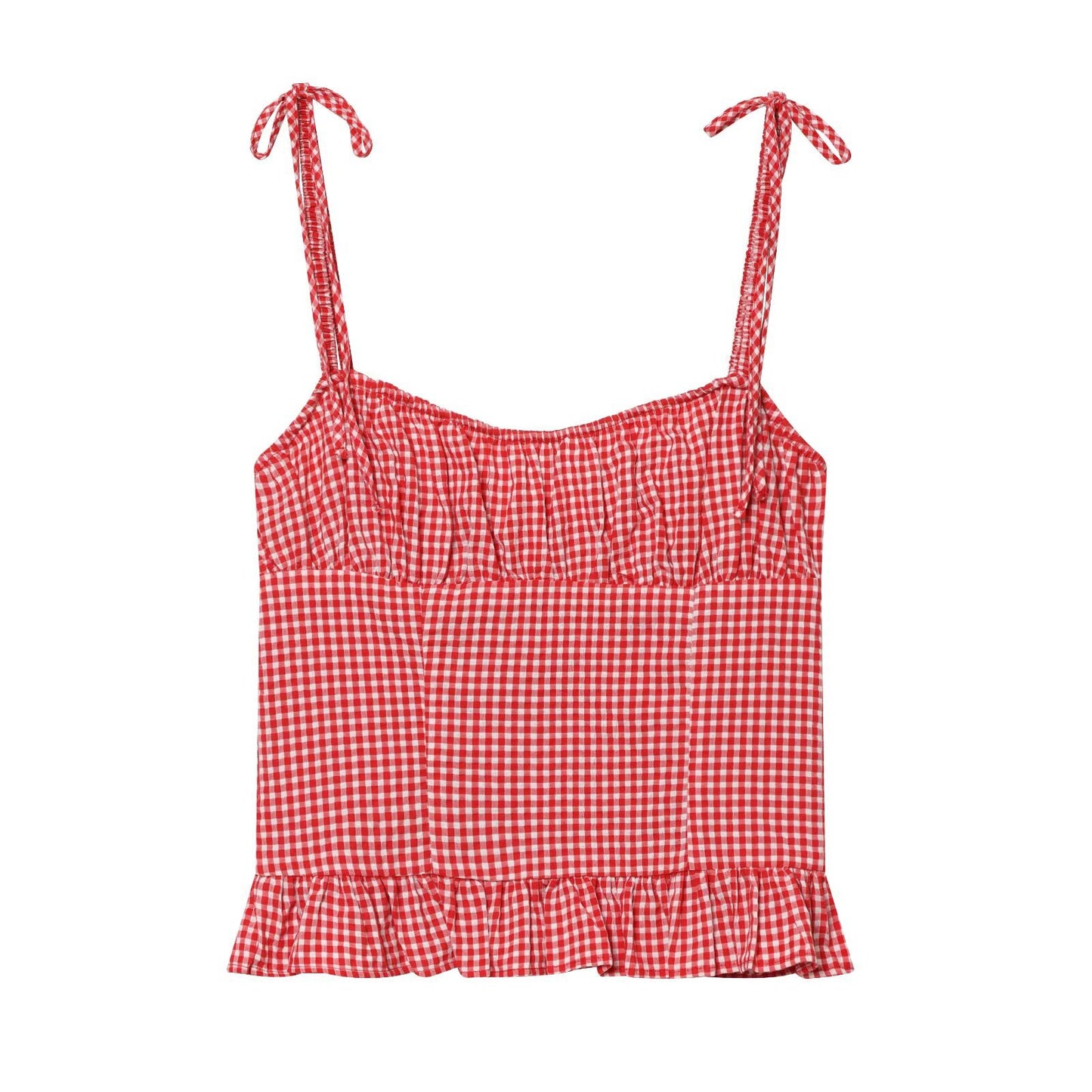Round neck plaid pleated camisole top
