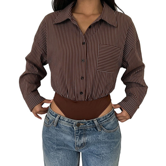 Collar striped long sleeved shirt patchwork jumpsuit