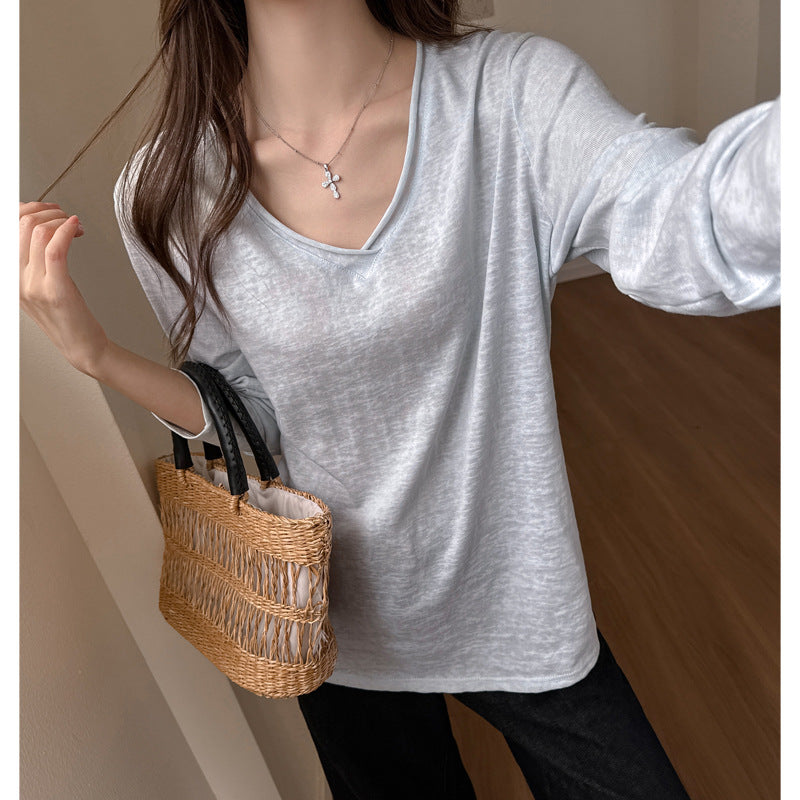 Snow Cotton Women's Long Sleeve T-Shirt, Deep V-Neck, Loose Casual Basic Versatile Top