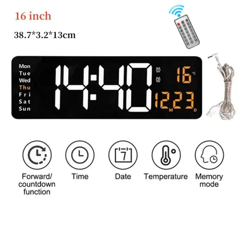 Wall Clock Digital Large LED Wall Mounted Remote Remote Control Date Week Temperature Clock Dual Alarms Gym Big Wall Clock