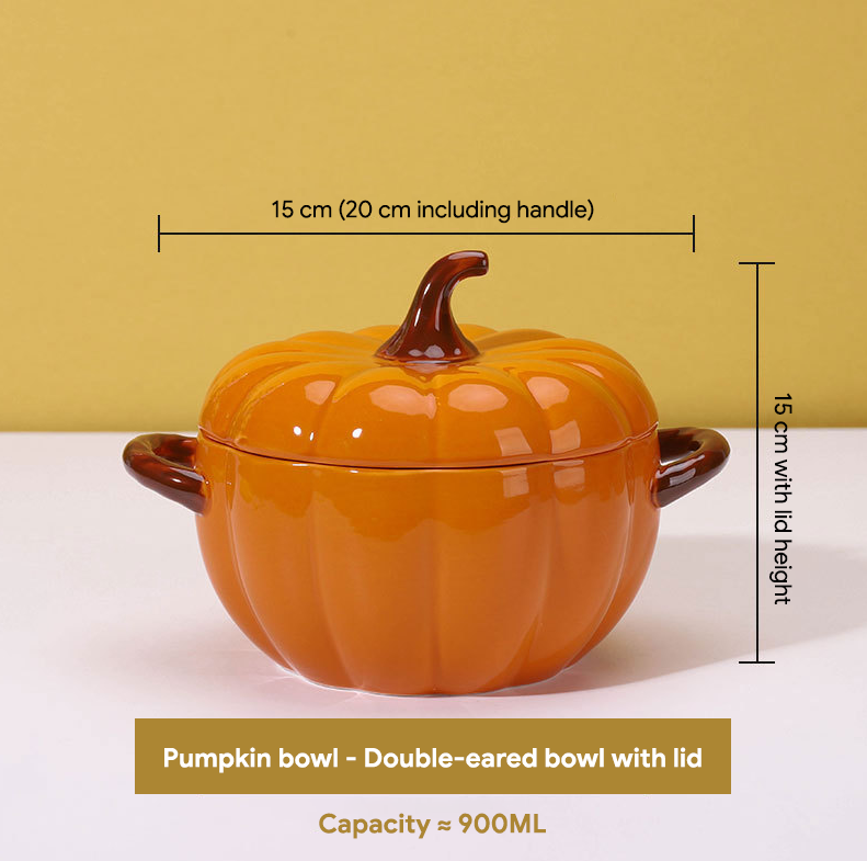 Cute Pumpkin Shape Ceramic Soup Bowl with Lid & Double Handles, Noodle Serving Bowl for Home Kitchen