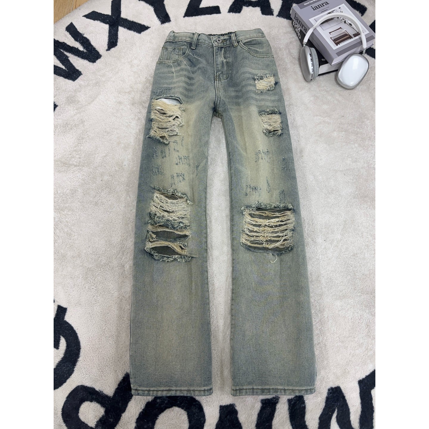 Ripped Denim Pants for Men,Vintage Loose Wide Leg Design Long Trousers