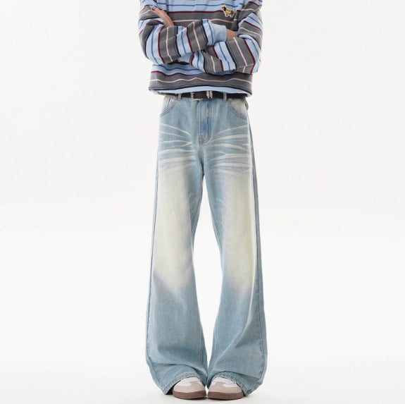 Washed Distressed Flared Denim Pants Men