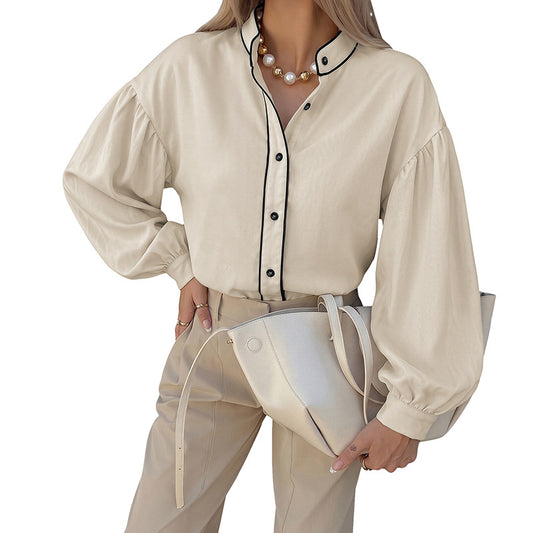 Stand up collar contrasting lantern sleeve shirt
