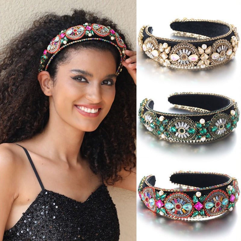 Super Sparkling Diamond Pearl Hair Hoop Baroque Retro Women's Sponge Head Hoop Headpiece