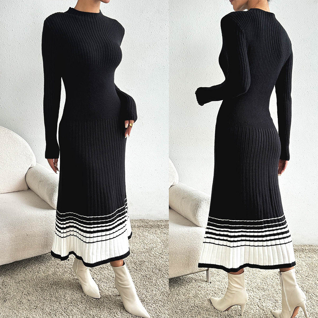 Women's Knit Dress with Black and White Stripes, Long Sleeve, Casual Basic Dress