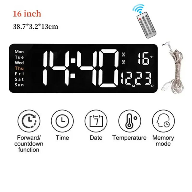 Wall Clock Digital Large LED Wall Mounted Remote Remote Control Date Week Temperature Clock Dual Alarms Gym Big Wall Clock