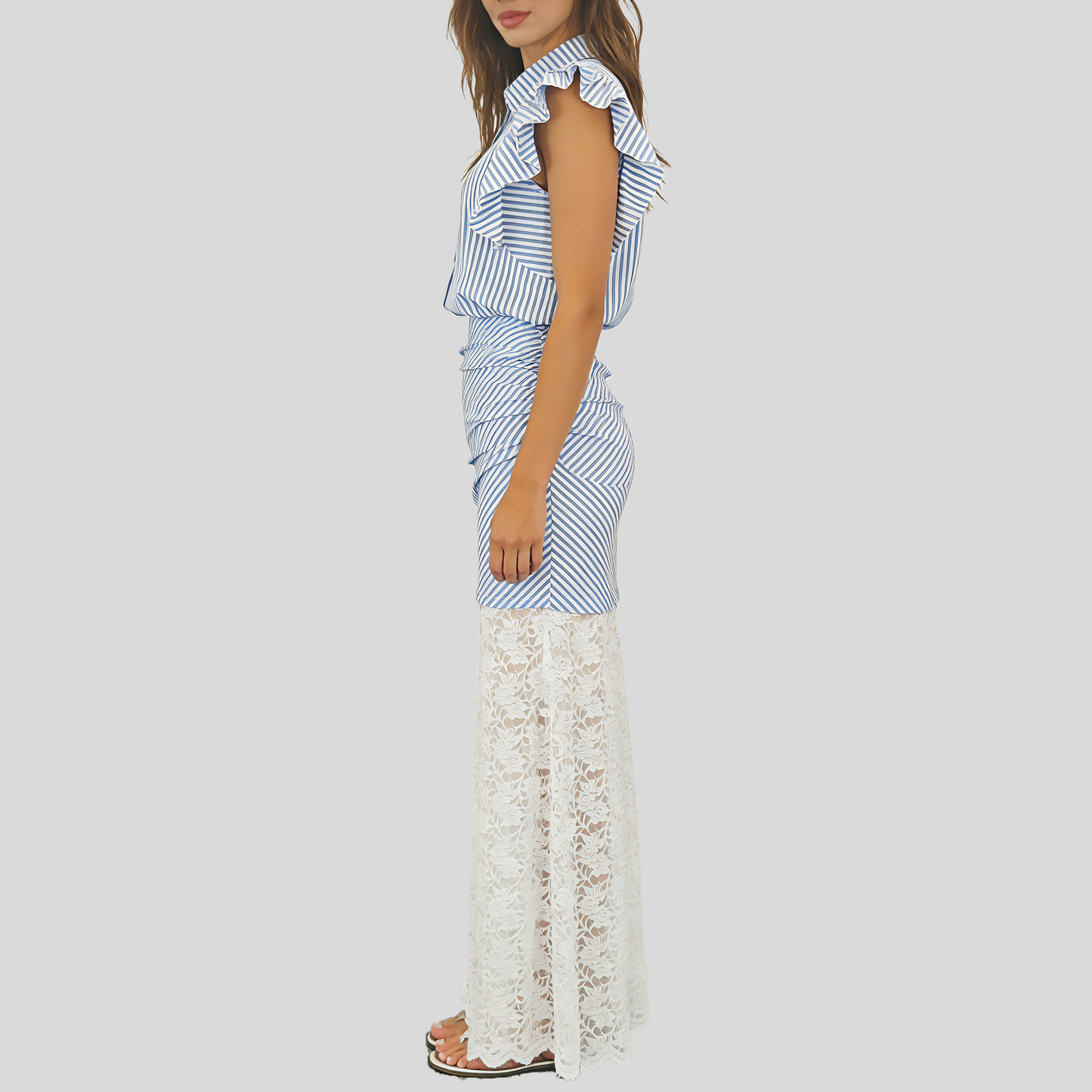 Women's Fashionable Flutter Sleeve Blue and White Striped Lace Bodycon Skirt Set