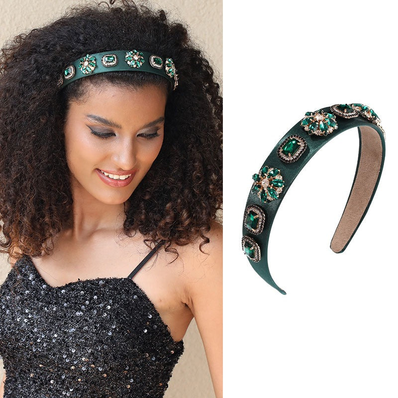 Fashion Peacock Green Headband Women's Face Wash Baroque Water Diamond Pearl Headband