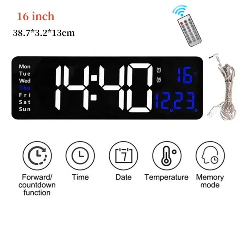 Wall Clock Digital Large LED Wall Mounted Remote Remote Control Date Week Temperature Clock Dual Alarms Gym Big Wall Clock
