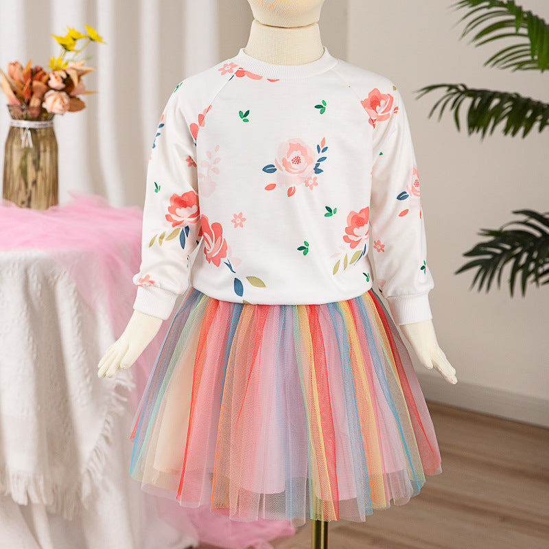 Cute Printed Long Sleeve Hoodie and Skirt Set for GirlsSpring and Autumn Fashion