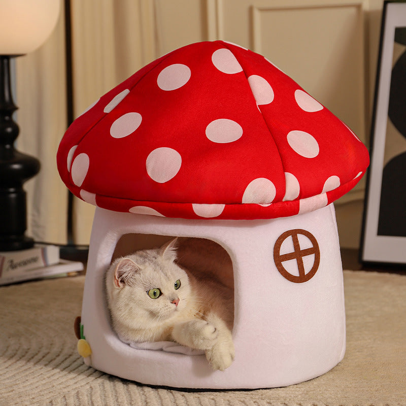 Red Umbrella Mushroom Cat House Dog Bed Winter Warm Closed-Style Cat House Pet Nest All-Season Universal for Cats and Dogs