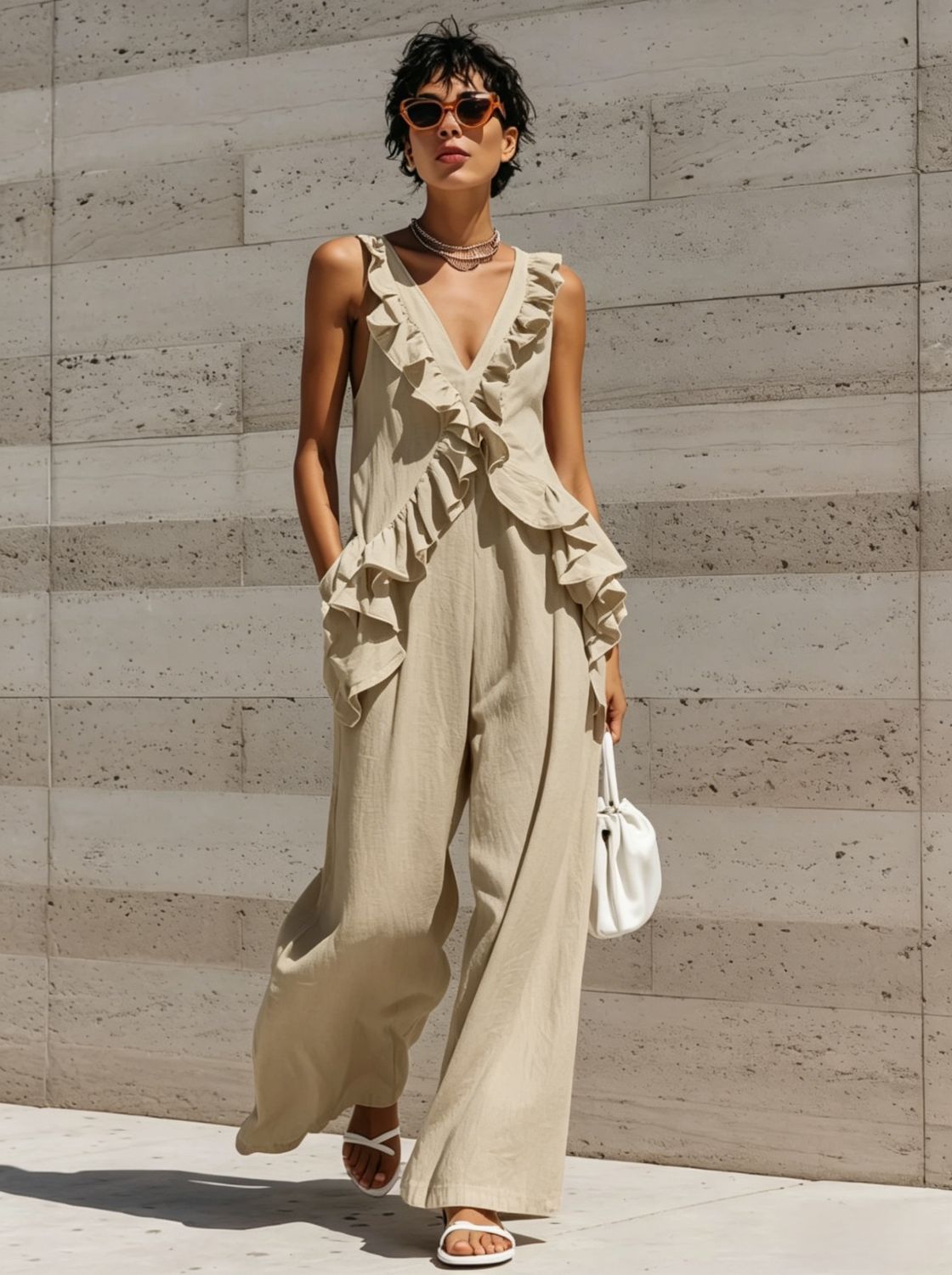 Casual Vacation Style Women's Sleeveless V-Neck Solid Color Jumpsuit