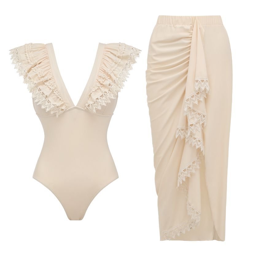 One-Piece Swimsuit for Women Body-Con Solid Color with Lace Trim Swimwear Set