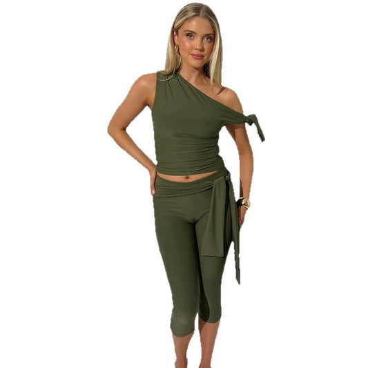 Slant neck solid color sleeveless top slim fit lace up shorts set