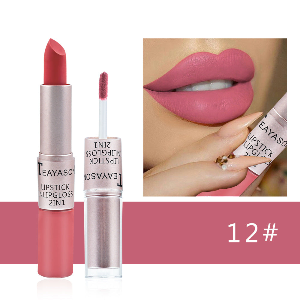 Double-Headed Non-Stick Cup Matte Matte Lip Gloss Two-In-One Matte Bean Paste Does Not Fade With Cup Lipstick Female
