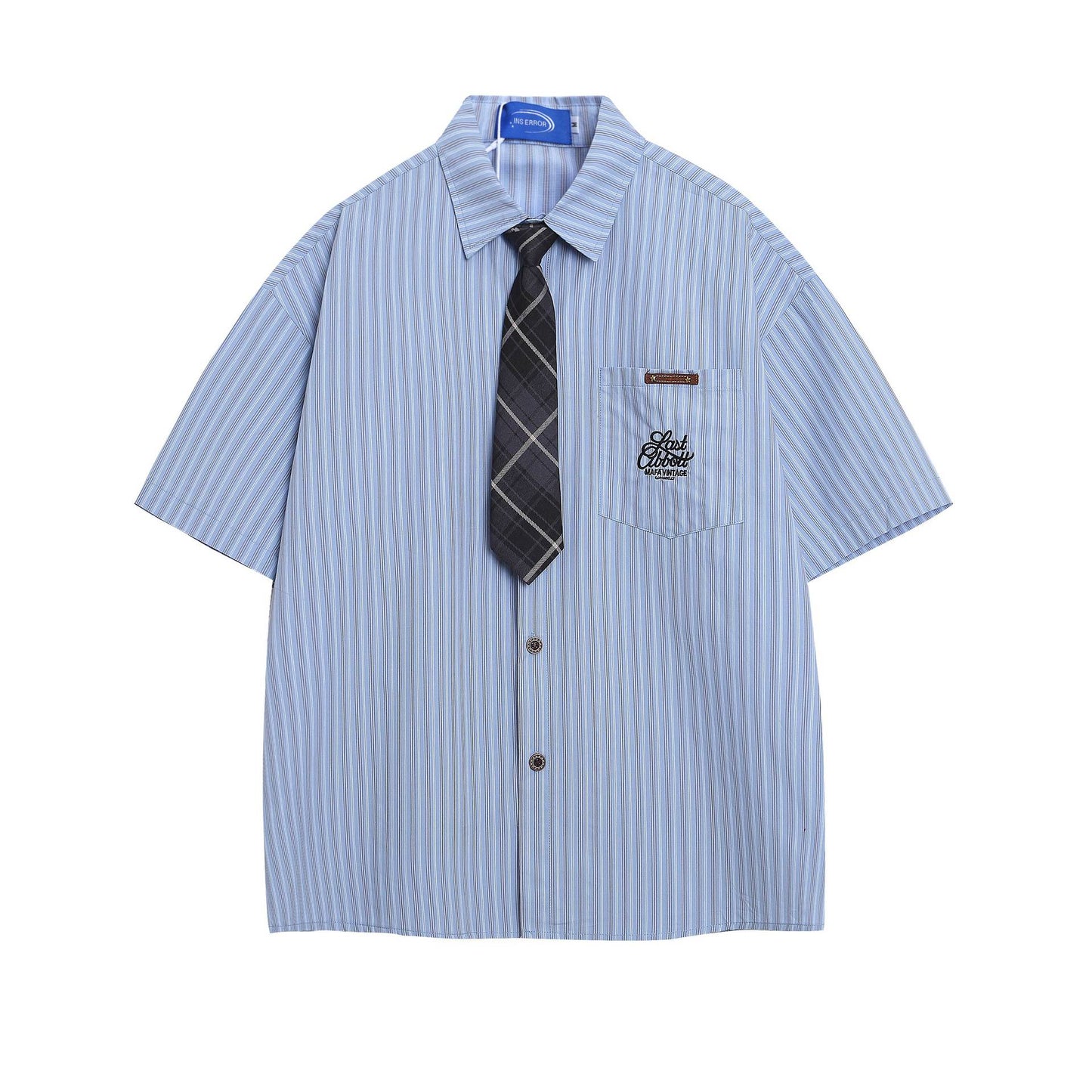 Embroidered striped short sleeved pocket