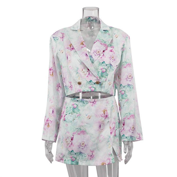 European and American fashion loose suit skirt two-piece set long sleeved lapel top printed high waisted short skirt