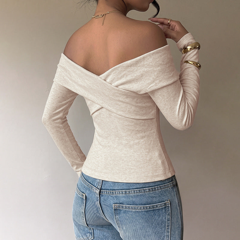 Solid color cross one neck off shoulder long sleeved t-shirt