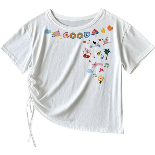 Off-Shoulder Short Sleeve T-Shirt for Women Cartoon Print Irregular Design Stylish Top